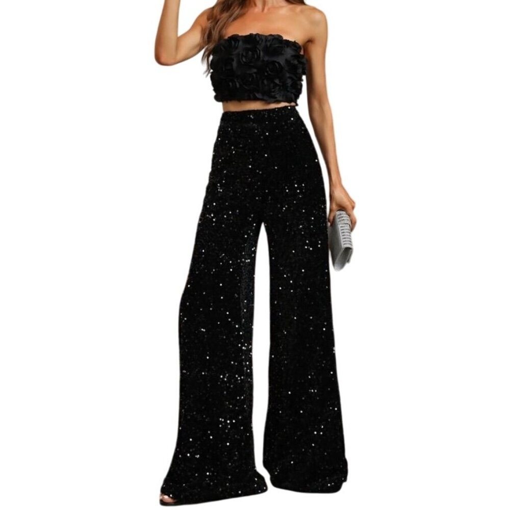 Faeriesty Fancy Black Sequin 2 Piece Set Tube Top 3D Flower Wide Leg Pants XL